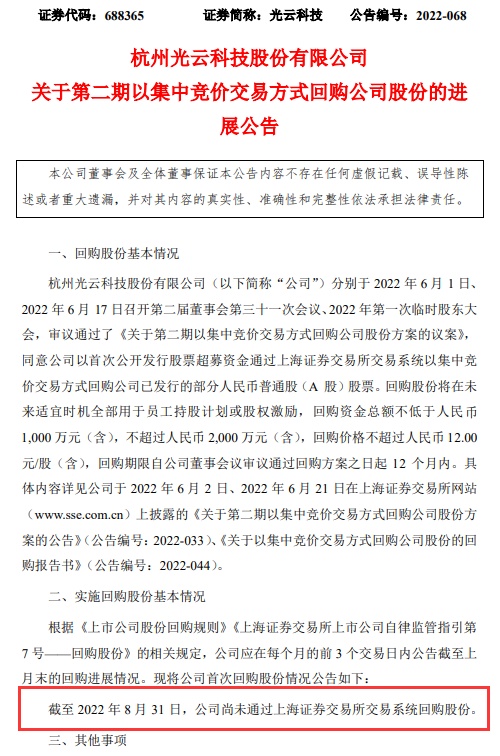 光云科技：公司尚未通过上交所交易系统回购股份